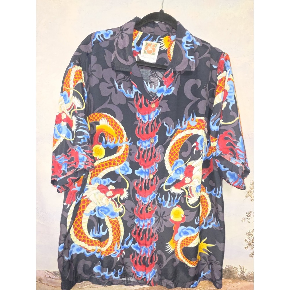 Vintage Hawaiian Togs Dragon Flame Aloha Shirt Black Japanese Print Men's 2X
